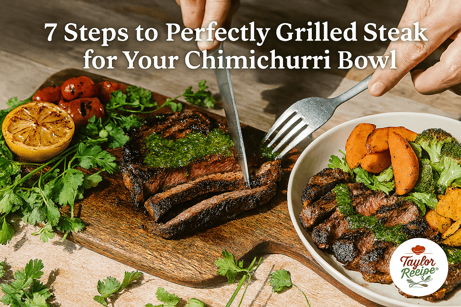 Grilled steak for chimichurri bowl with vegetables, grains, and sauce beautifully plated.