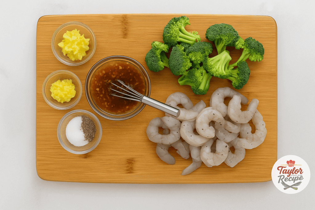 Raw ingredients for honey garlic shrimp stir-fry recipe