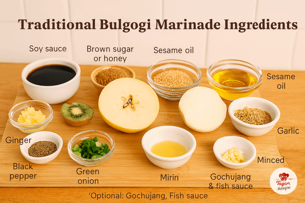 Ingredients for Korean BBQ Beef Bulgogi laid out in bowls on a kitchen counter.