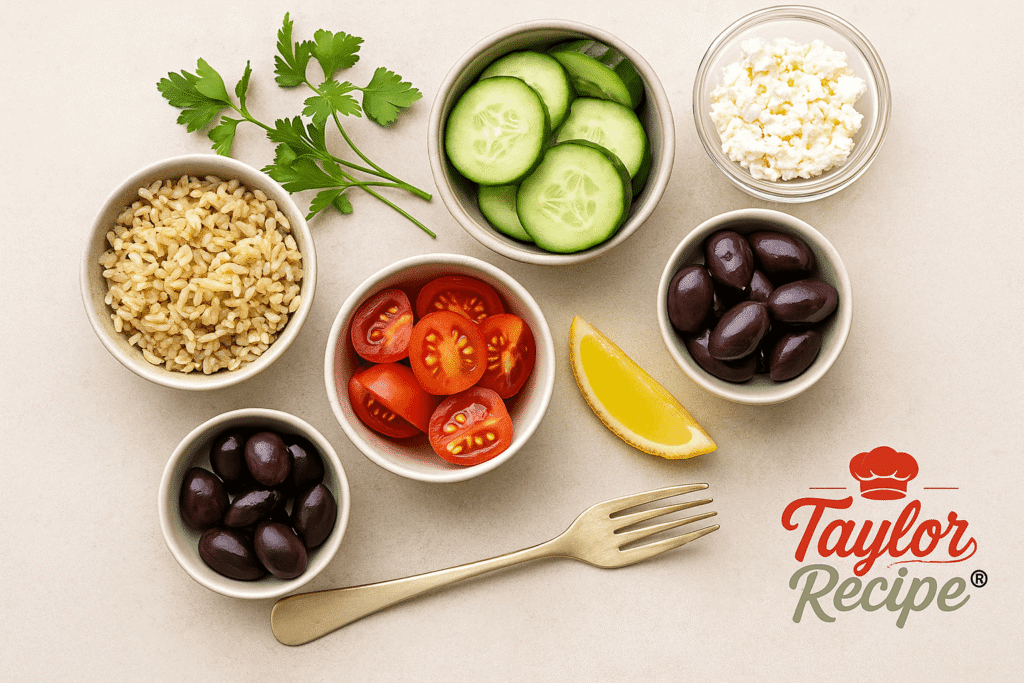 Fresh ingredients for a Mediterranean breakfast bowl, including vegetables, eggs, hummus, grains, and herbs, laid out on a table.