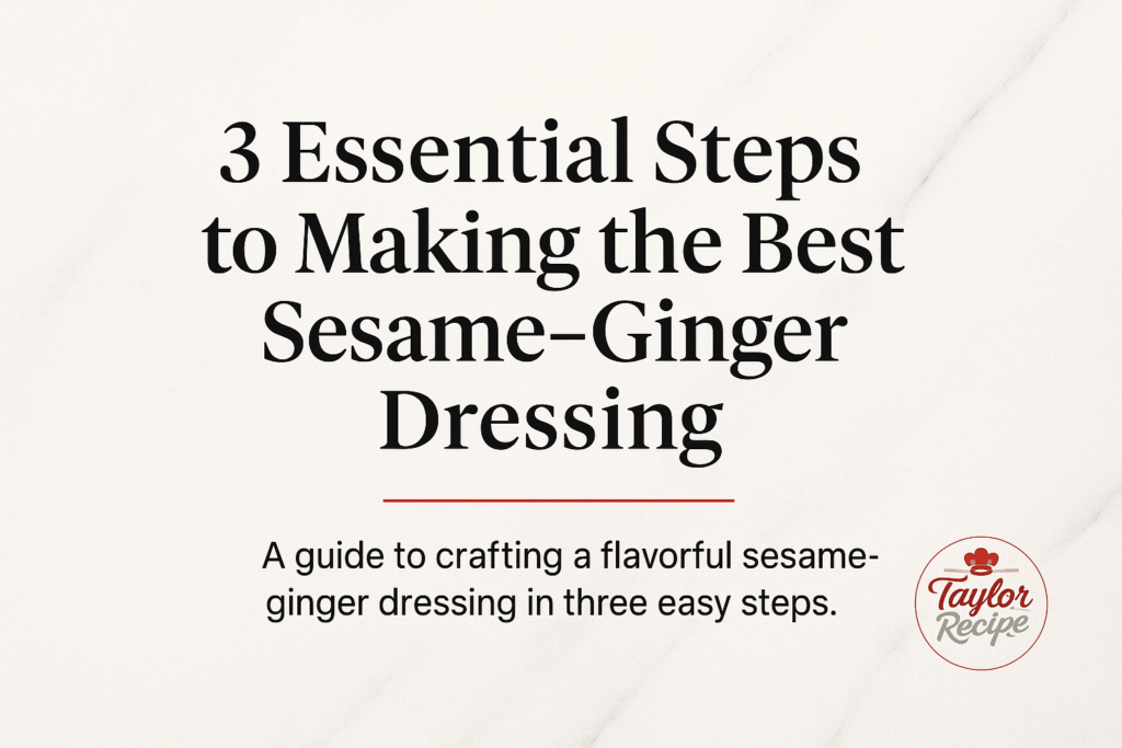 A jar of sesame-ginger dressing on a wooden counter with fresh ingredients and a whisk nearby.