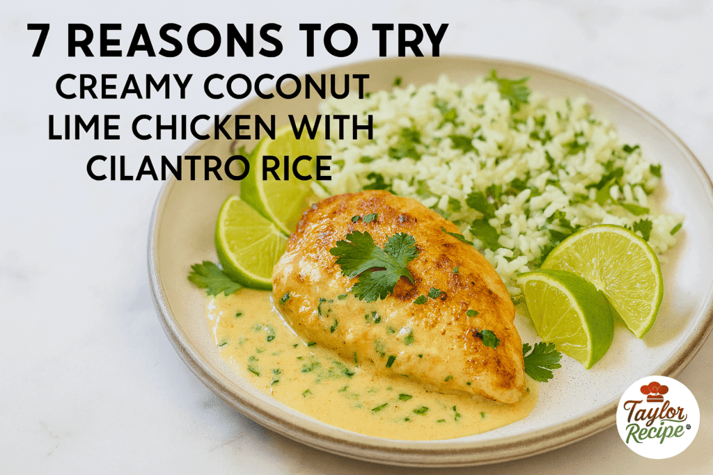 Overhead view of creamy coconut lime chicken with cilantro rice, styled with garnishes and a clean marble background.