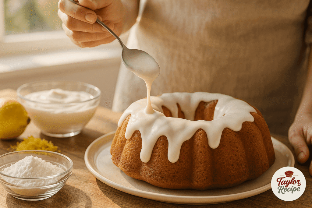 Ingredients for Greek yogurt glaze arranged on a wooden counter, including yogurt, powdered sugar, honey, and lemon zest
