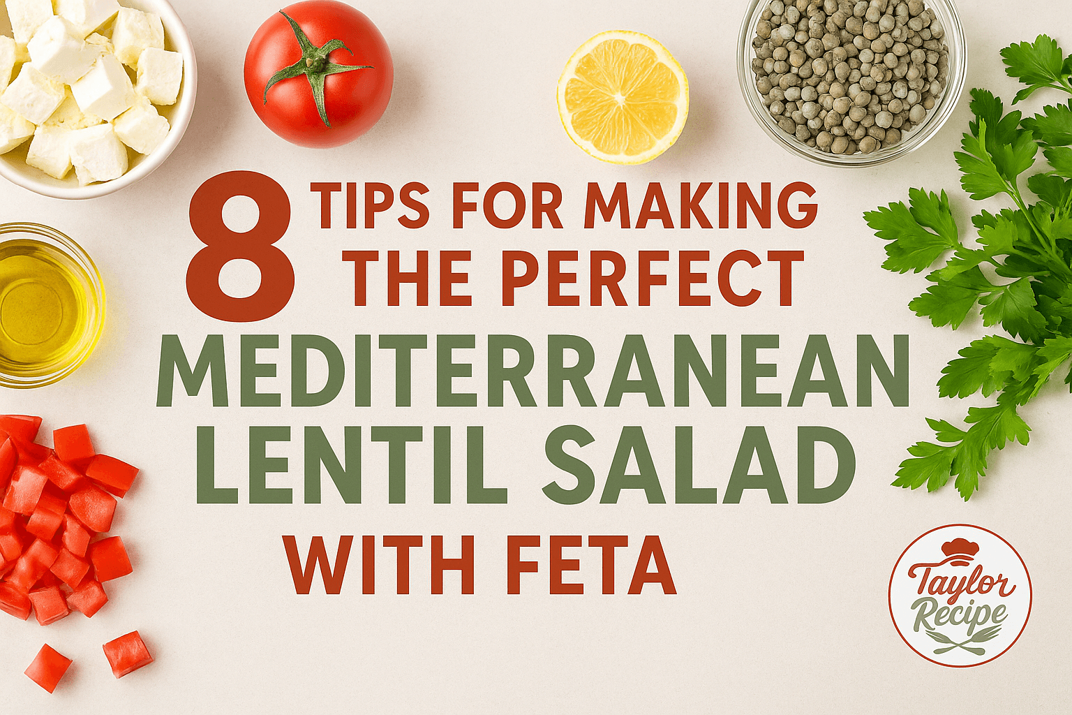Mediterranean lentil salad served on a plate with lentils, cherry tomatoes, cucumber, red onion, feta cheese, and parsley.