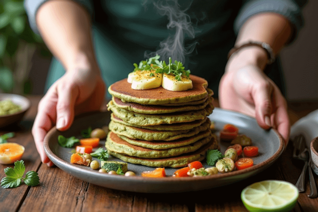 Hands serving savory matcha pancakes with different toppings on a cozy table.