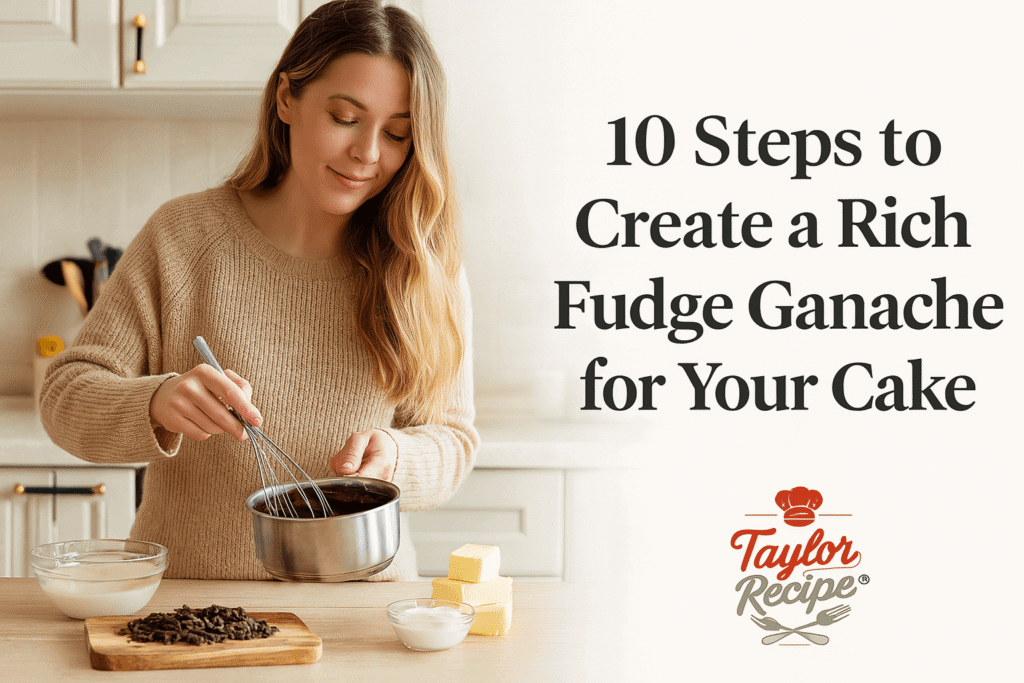 A beautifully decorated chocolate cake topped with rich fudge ganache, set on a rustic cake stand in a cozy kitchen setting.