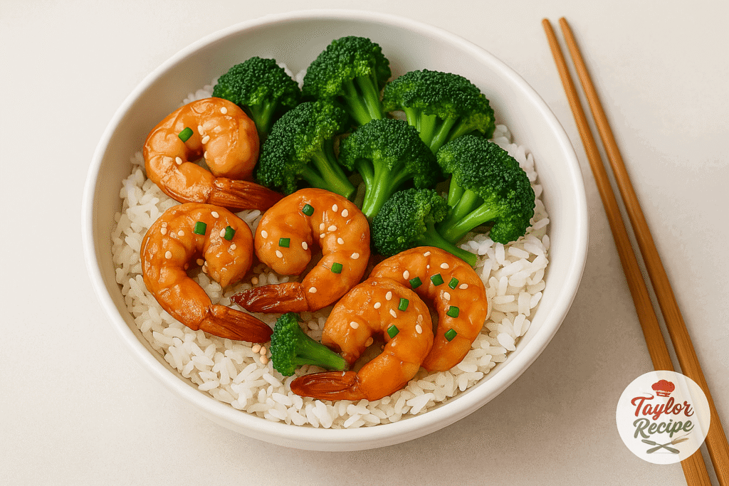 Stir-fried shrimp and broccoli served over rice with sesame seeds