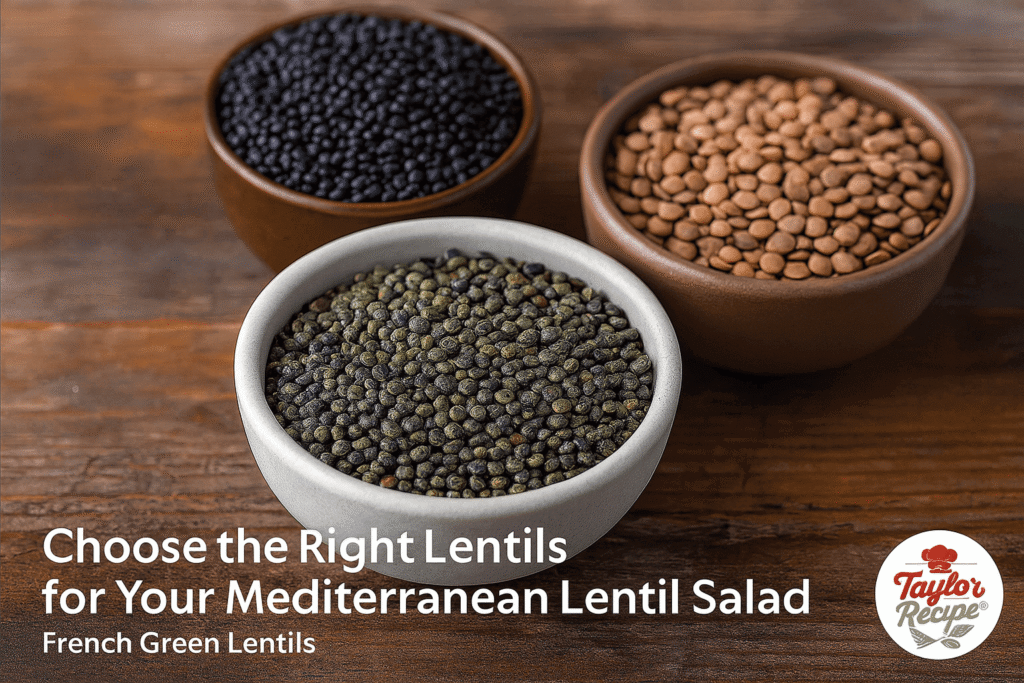 Three rustic ceramic bowls with lentils on a wooden surface, featuring green French lentils in front as the best choice for a Mediterranean lentil salad.