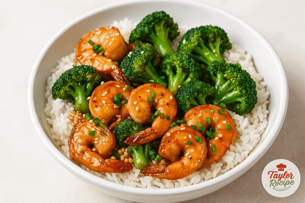 Stir-fried shrimp and broccoli served over rice with sesame seeds