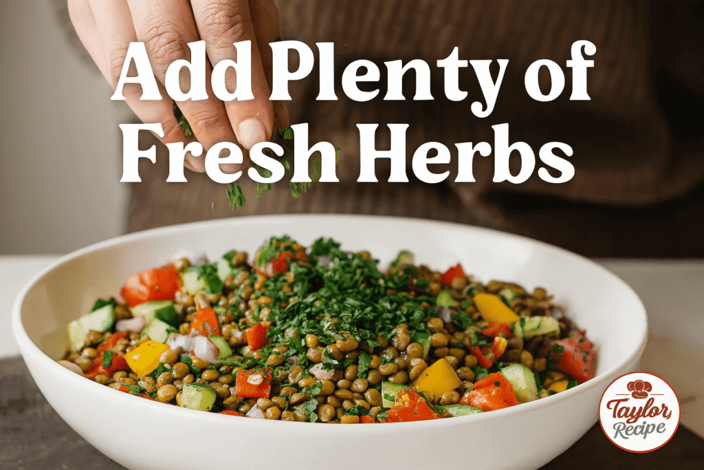 Chopped fresh vegetables — cucumbers, tomatoes, red onions, and bell peppers — arranged around a bowl of cooked lentils for a colorful Mediterranean lentil salad.