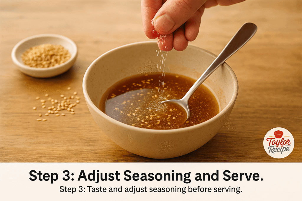 Hands tossing fresh greens, vegetables, and dressing in a large wooden salad bowl.