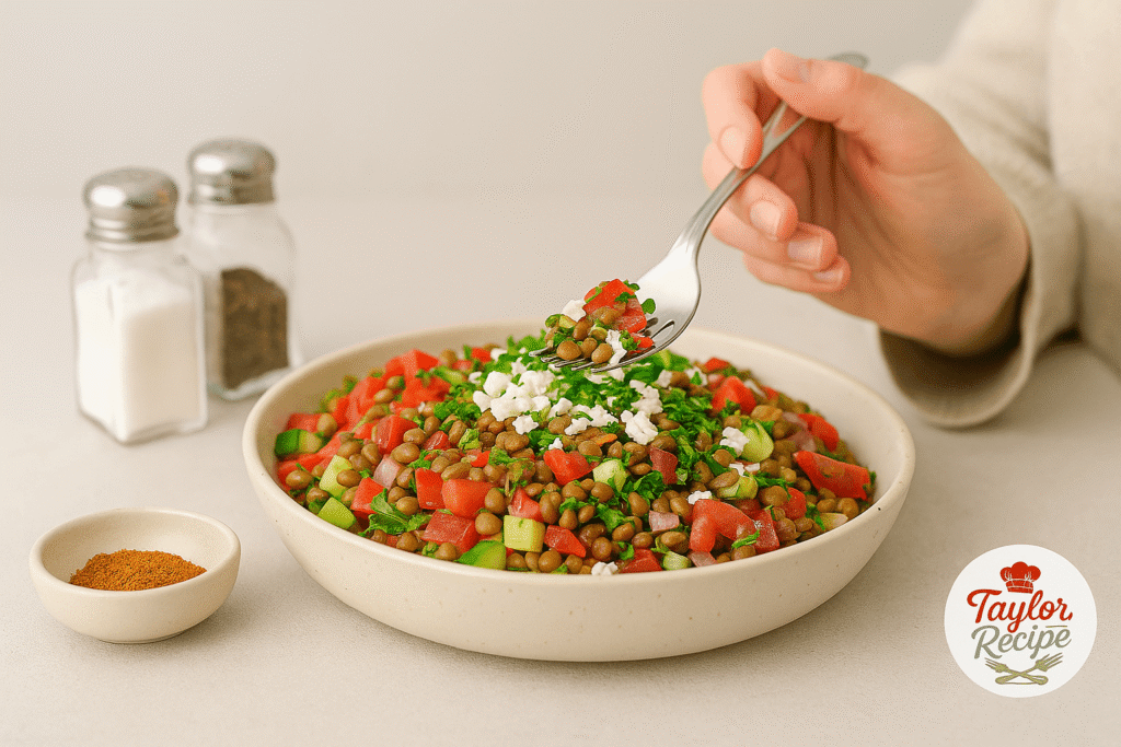 A person tasting a colorful lentil and vegetable salad with a fork, next to salt and pepper shakers and a small dish of spices.