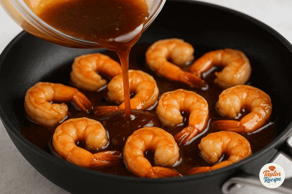 Pouring honey garlic sauce over shrimp in the pan