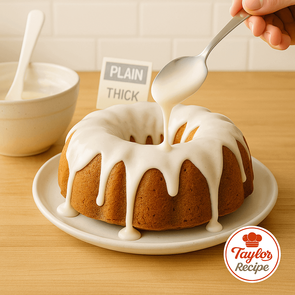 Greek yogurt glaze being drizzled over a bundt cake, with glaze dripping down the sides