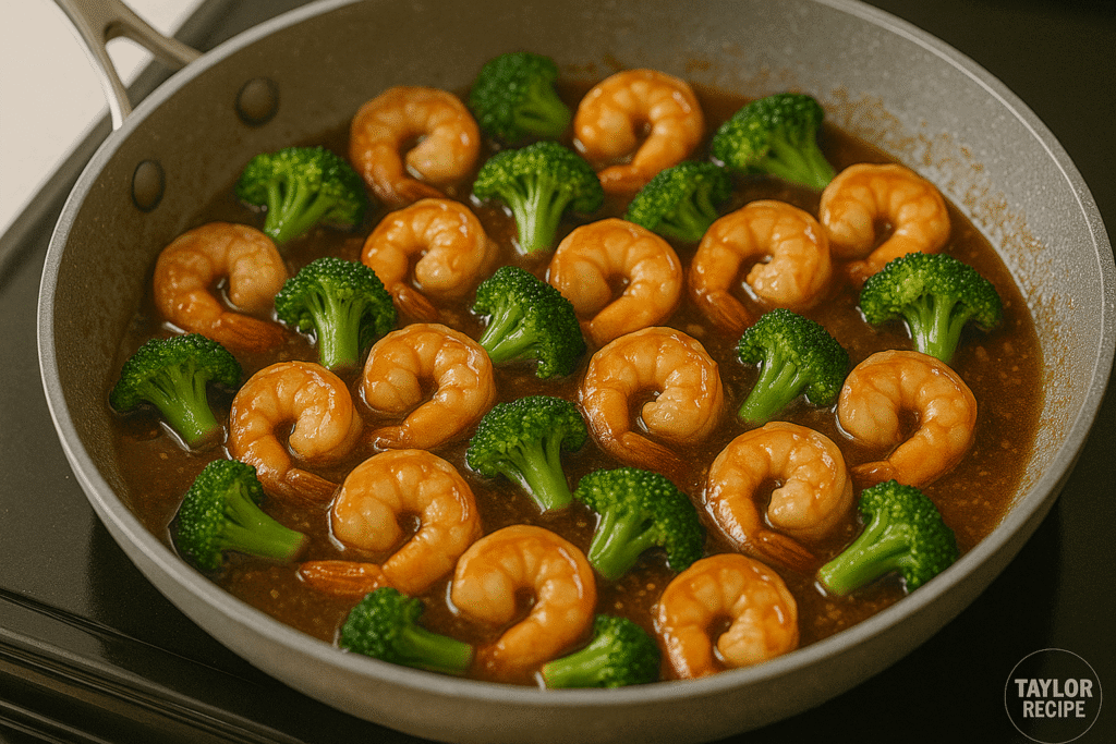 Honey garlic shrimp stir-fry garnished with sesame seeds and scallions
