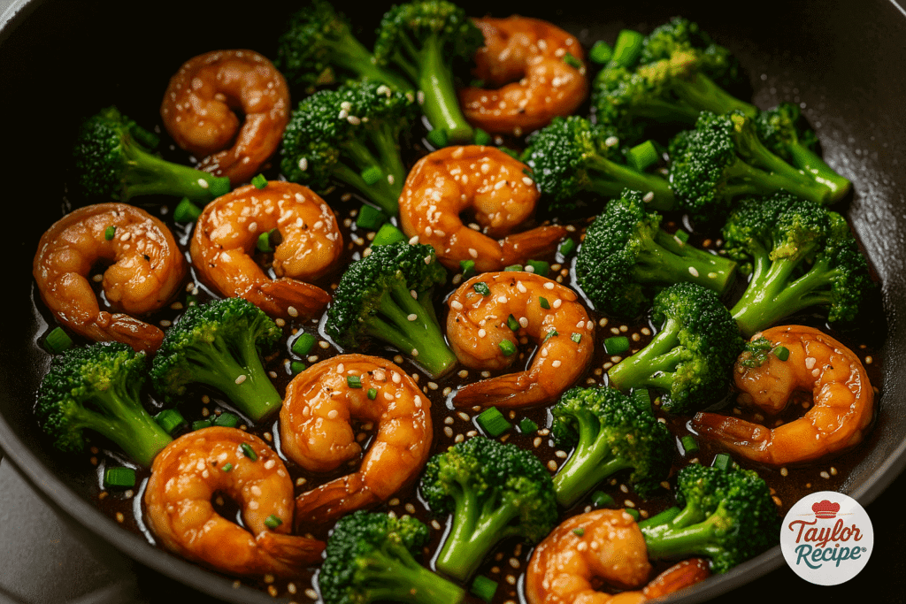 Honey garlic shrimp stir-fry garnished with sesame seeds and scallions