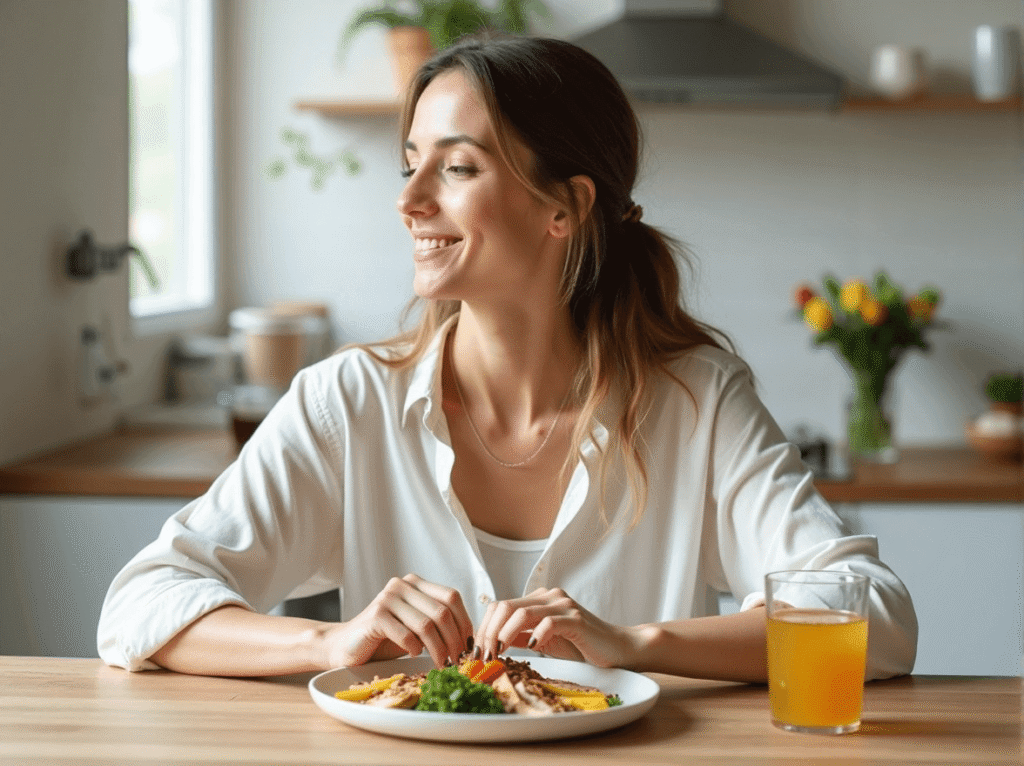 Woman smiling in a sunlit kitchen while enjoying a healthy lunch, representing self-care and mindful eating. Lunch