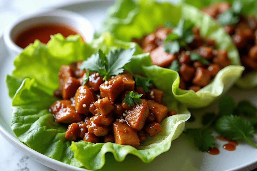 Asian lettuce wraps drizzled with glossy hoisin sauce and topped with herbs.