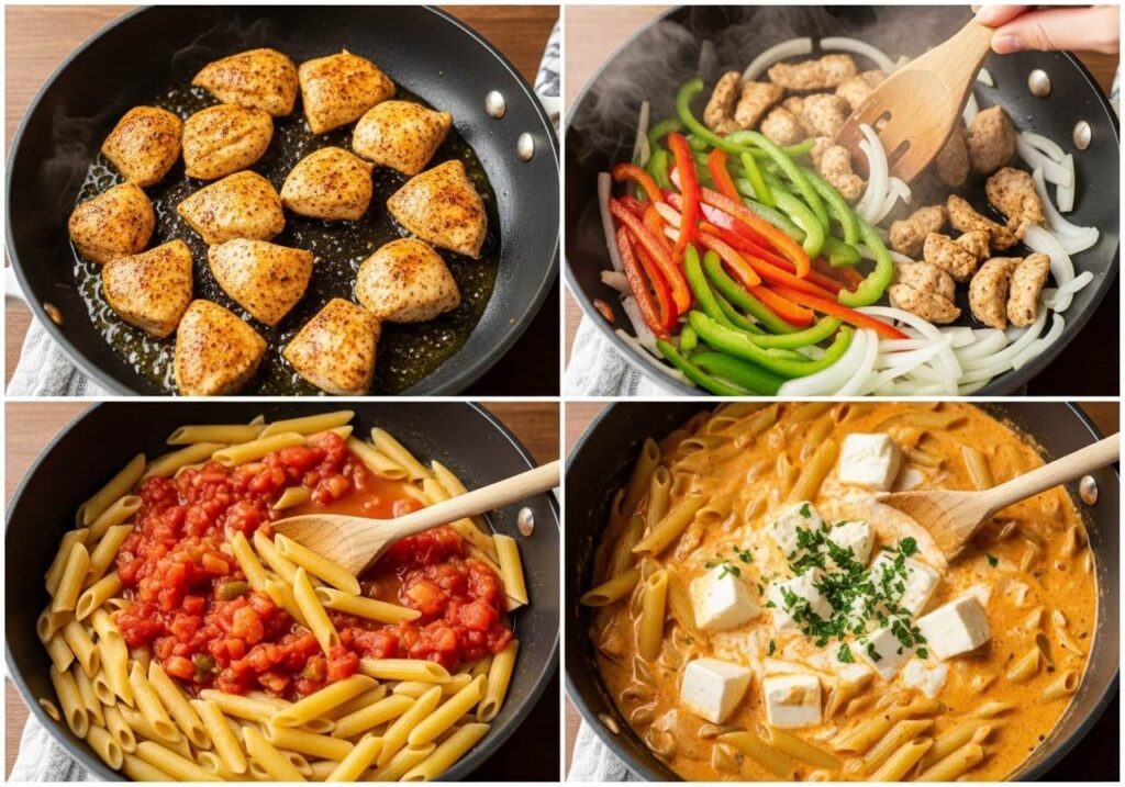Step-by-step process for making one-pot creamy Cajun pasta with chicken and peppers.