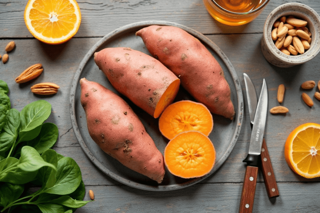 Fresh sweet potato with orange flesh on a plate, surrounded by spinach, nuts, and oranges.