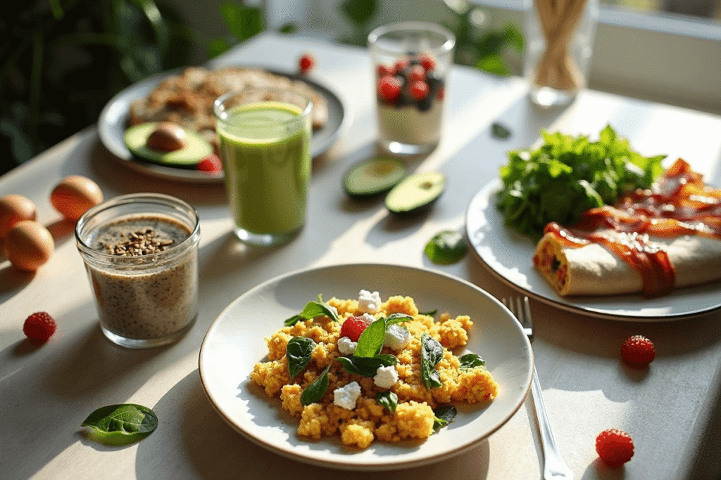 A bright food spread featuring five easy keto breakfast ideas including scrambled eggs, smoothie, chia pudding, yogurt parfait, and a lettuce wrap.