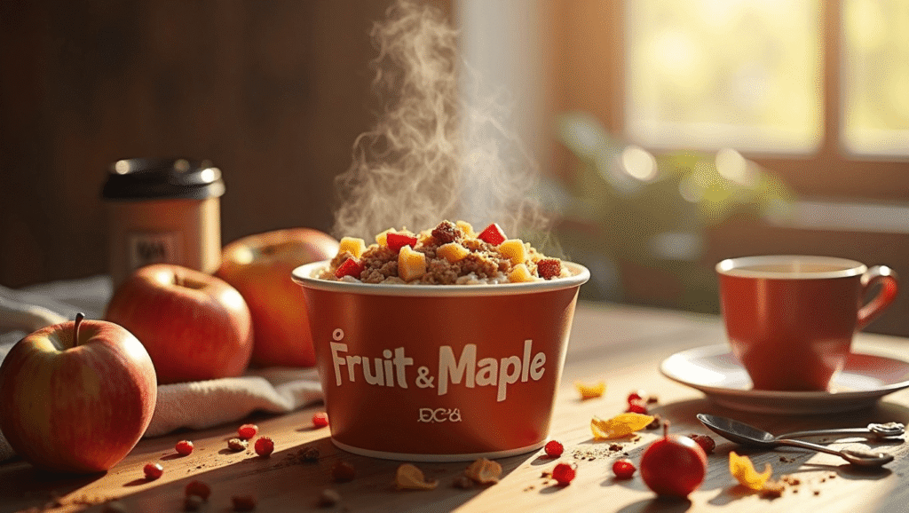 McDonald’s Fruit & Maple Oatmeal served in a cup with apples, cranberries, and raisins – a warm low calorie fast food breakfast.