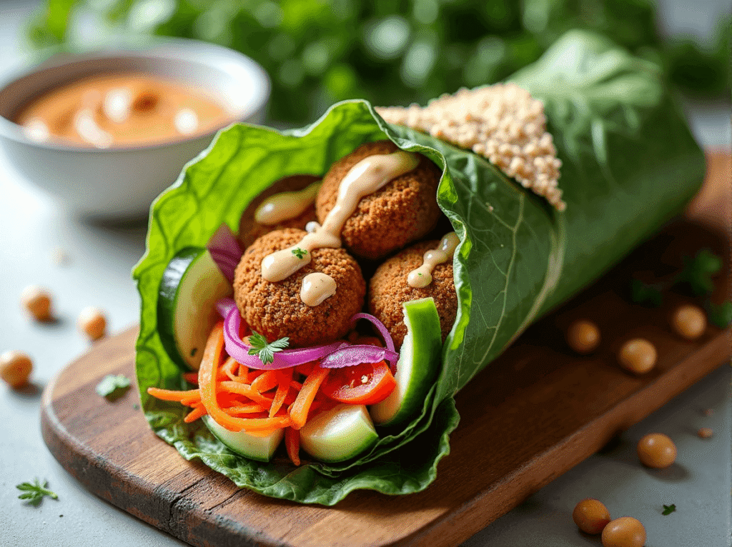 Grain-free wrap filled with hummus, crispy falafel, cucumber, tomato, carrots, pickled red onion, and tahini.