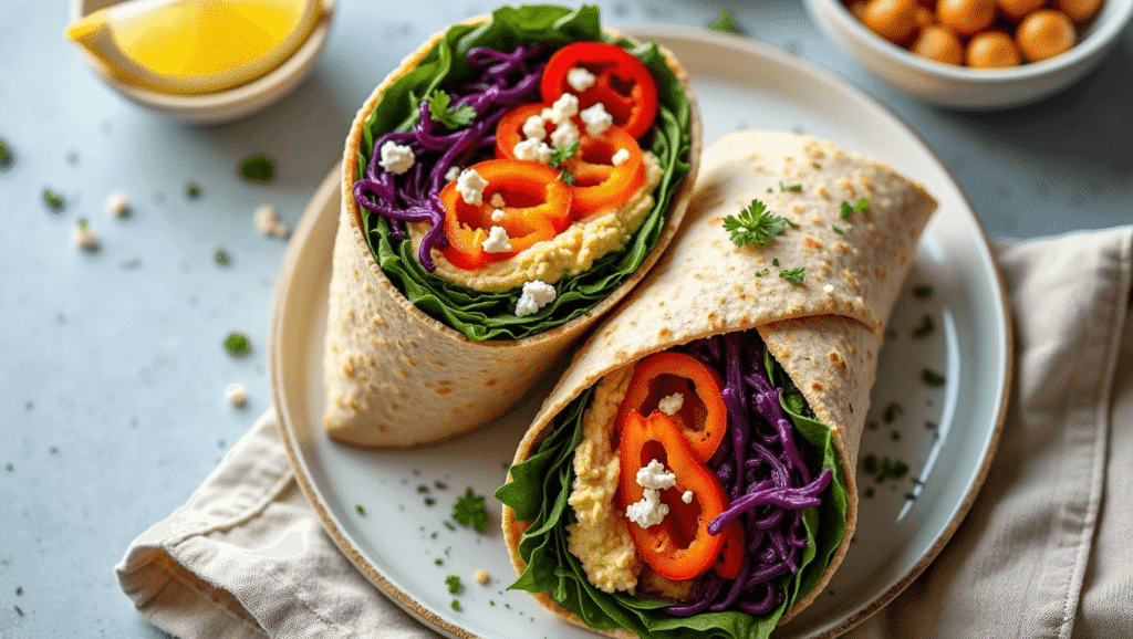 Overhead view of rainbow veggie wraps sliced to reveal colorful vegetables, hummus, and feta in a whole-grain wrap.