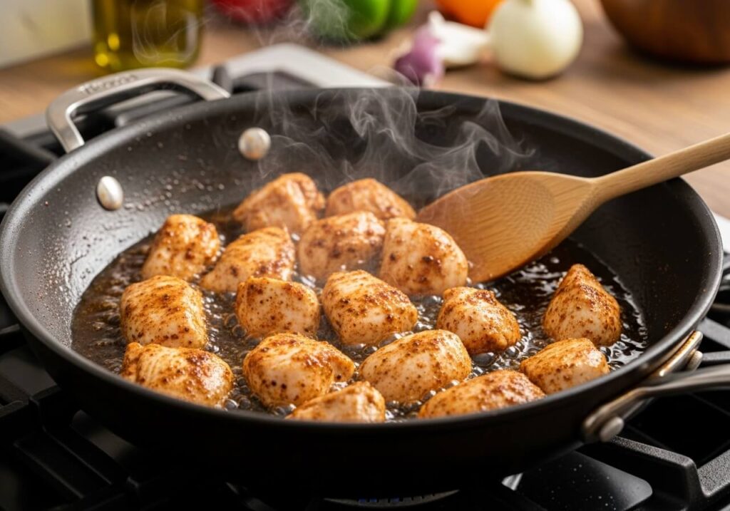 Chicken pieces sizzling in a skillet with Cajun seasoning for creamy Cajun pasta.
