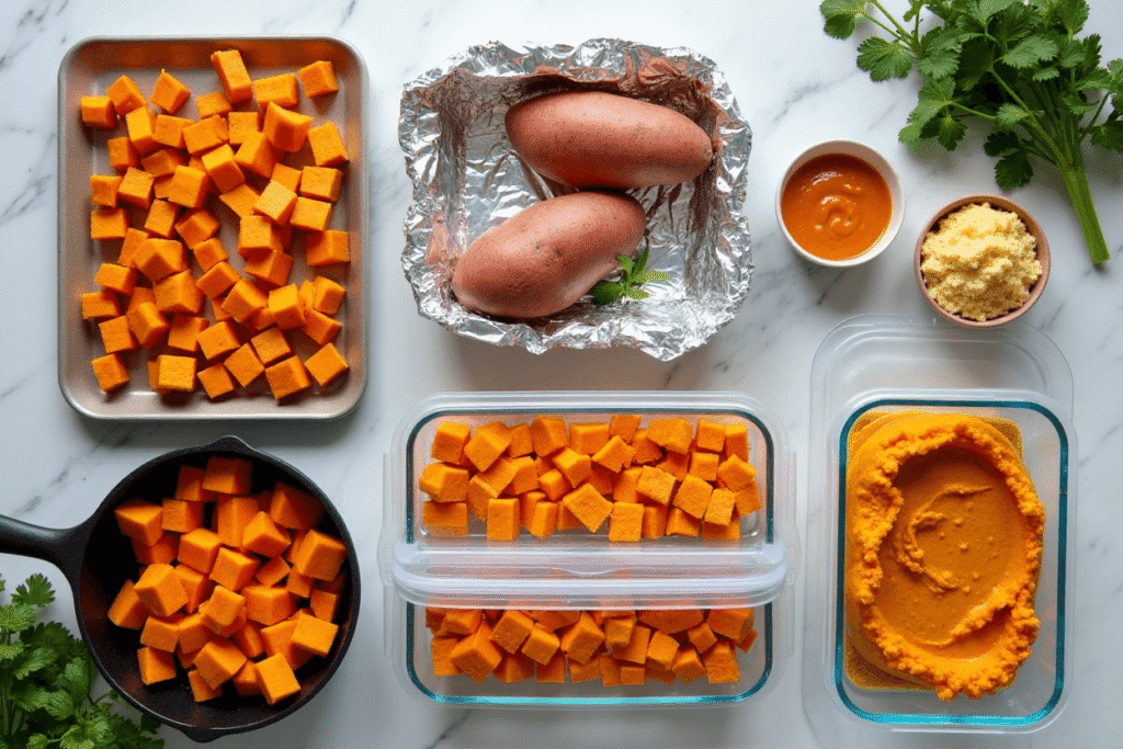 Cubes, mashed portions, and whole baked roots arranged with fresh herbs and condiments.