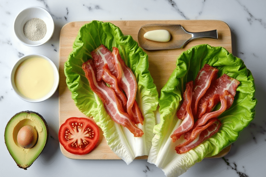 Bacon and avocado lettuce wrap with tomato slices, a handheld easy keto breakfast idea.