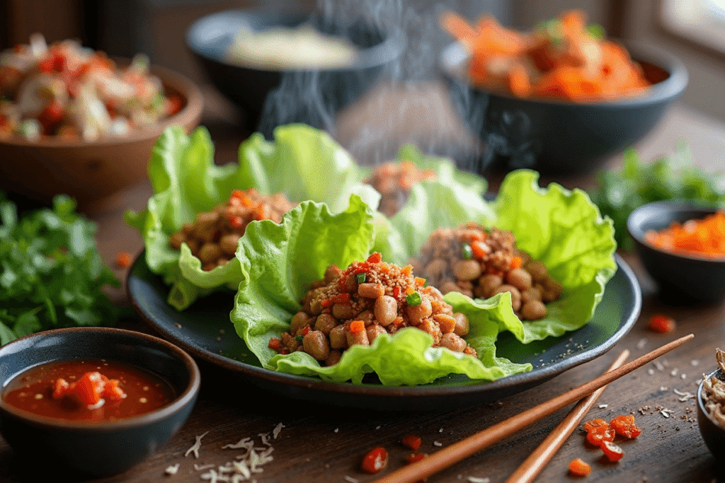Asian lettuce wraps on a communal table with sauces and herbs.