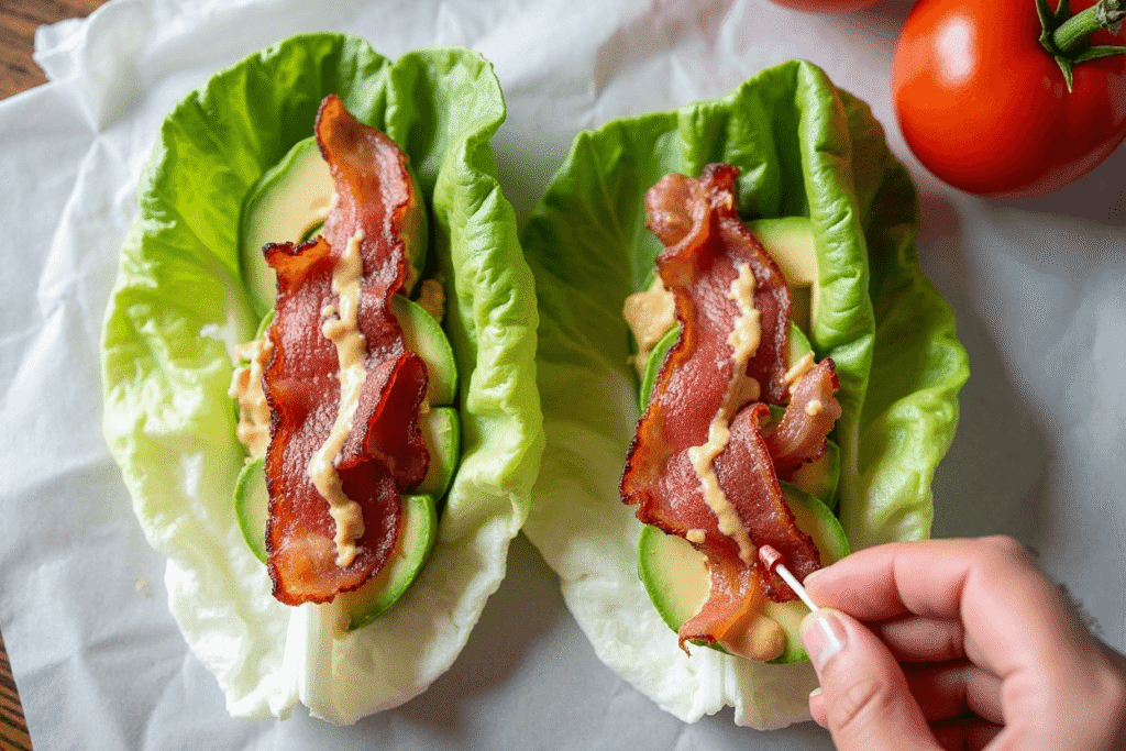 Step-by-step photo of a bacon, avocado, and tomato lettuce wrap being assembled in about 10 minutes.