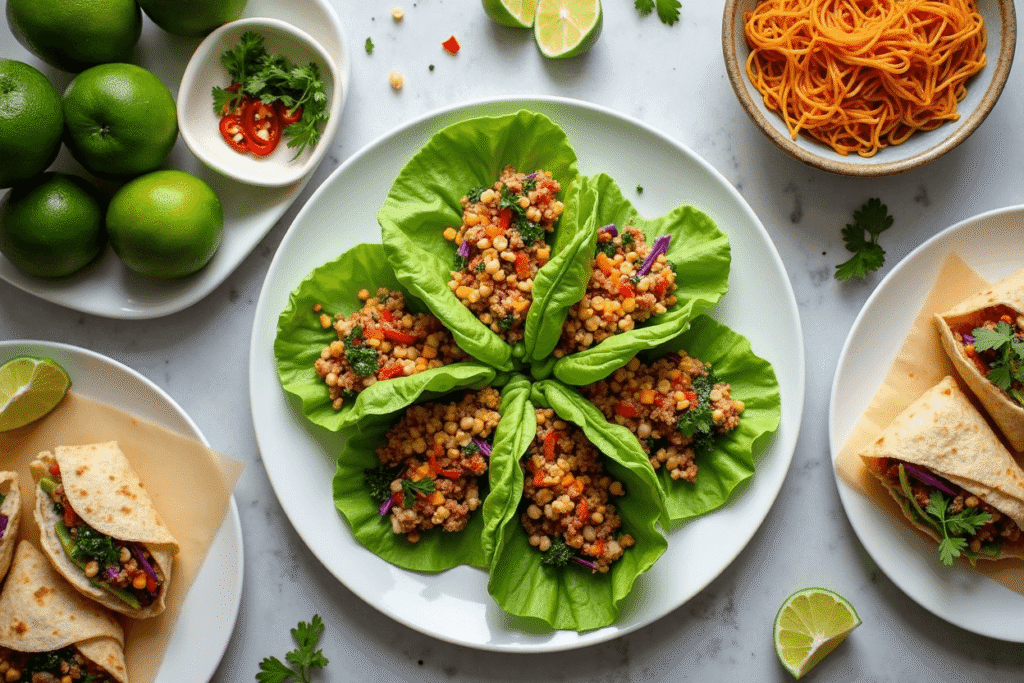 Asian lettuce wraps served with stir-fried noodles and veggie wraps.