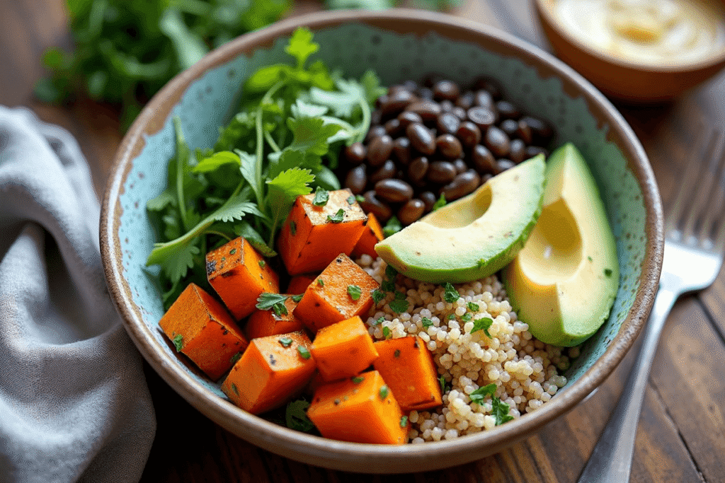 Dinner bowl with roasted cubes, avocado slices, black beans, quinoa, and fresh cilantro.