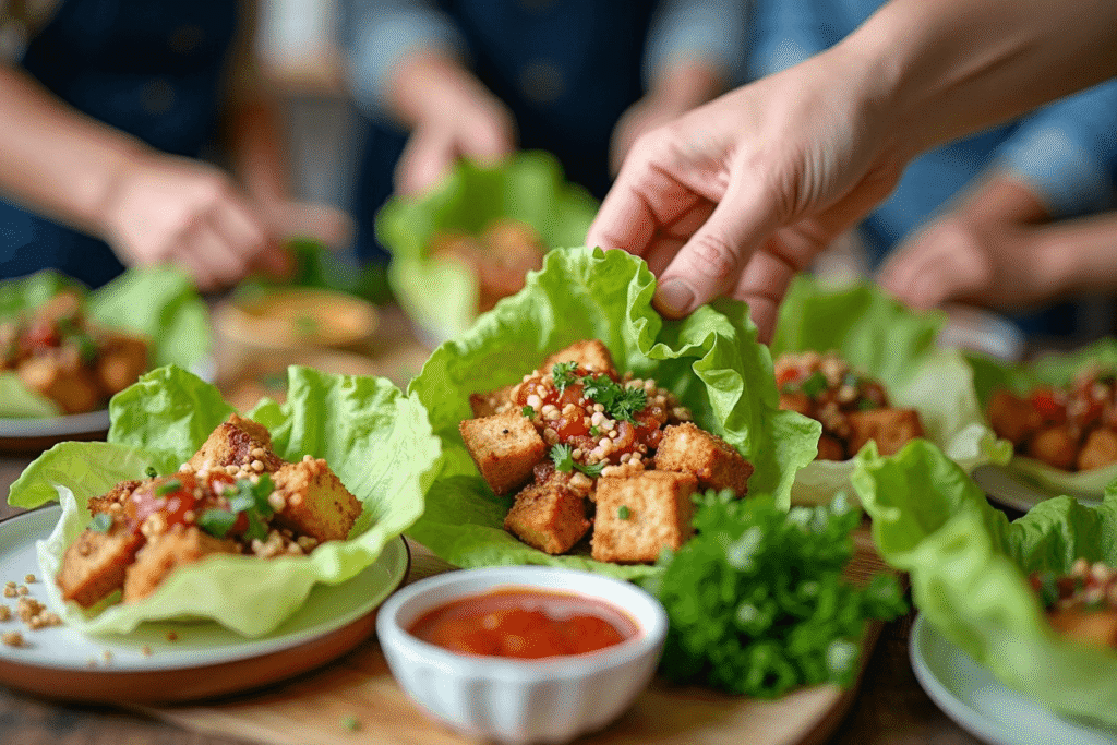 Family enjoying Asian lettuce wraps together at the table.