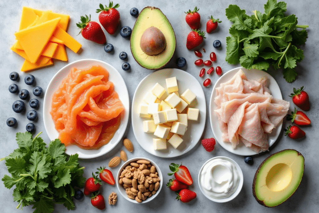 Flat-lay photo of regional ingredient swaps including cheeses, proteins, and seasonal vegetables and fruits for keto-friendly breakfasts.