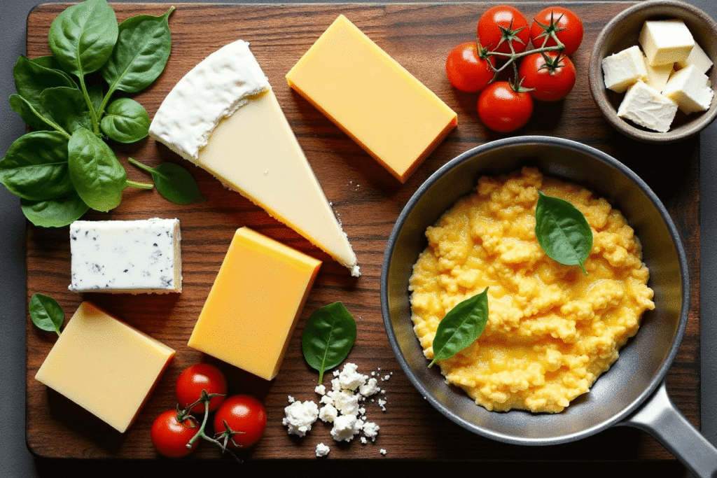 Flat-lay photo of keto-friendly cheese swaps including cheddar, halloumi, mozzarella, feta, and goat cheese.
