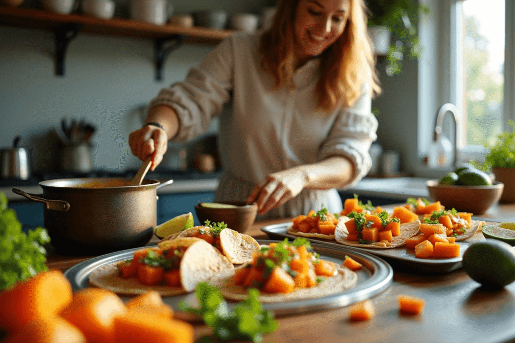 Woman preparing tacos with roasted cubes, tortillas, and fresh herbs in a cozy kitchen setting.