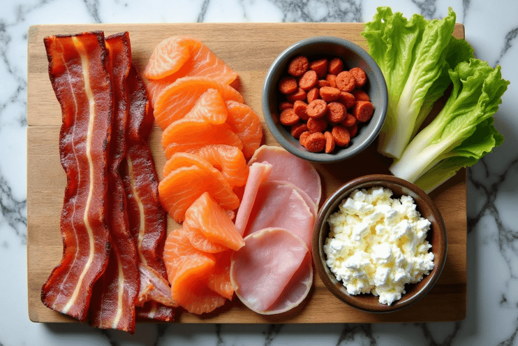Flat-lay photo of keto protein alternatives including bacon, smoked salmon, ham, chorizo, and shredded chicken.