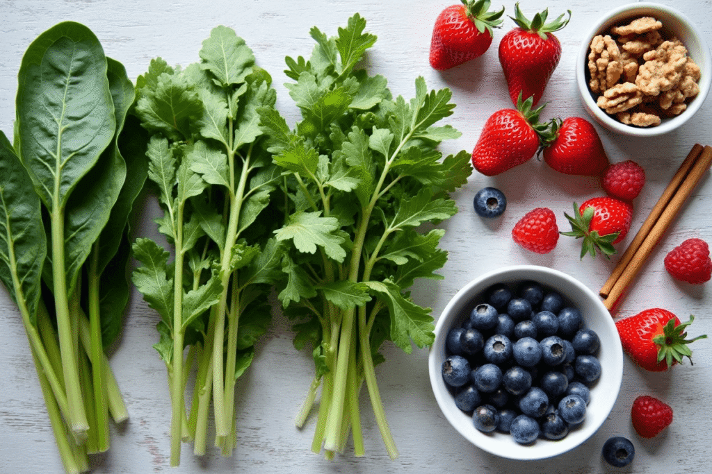 Flat-lay photo of fresh low-carb vegetables and fruits including spinach, kale, arugula, strawberries, blueberries, raspberries, and pomegranate seeds.