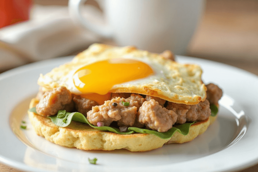 Flat-lay image featuring three related keto breakfast recipes including fast-food inspired meals, breakfast tacos, and cottage cheese baked oats.
