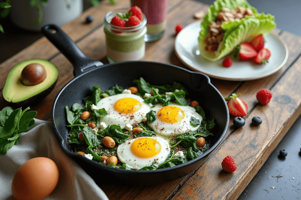 A breakfast spread showing scrambled eggs, smoothie, chia pudding, yogurt parfait, and a lettuce wrap, symbolizing a wrap-up of keto breakfast ideas.