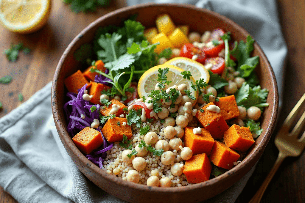 Sweet potato Buddha bowl with roasted cubes, quinoa, chickpeas, and fresh greens.