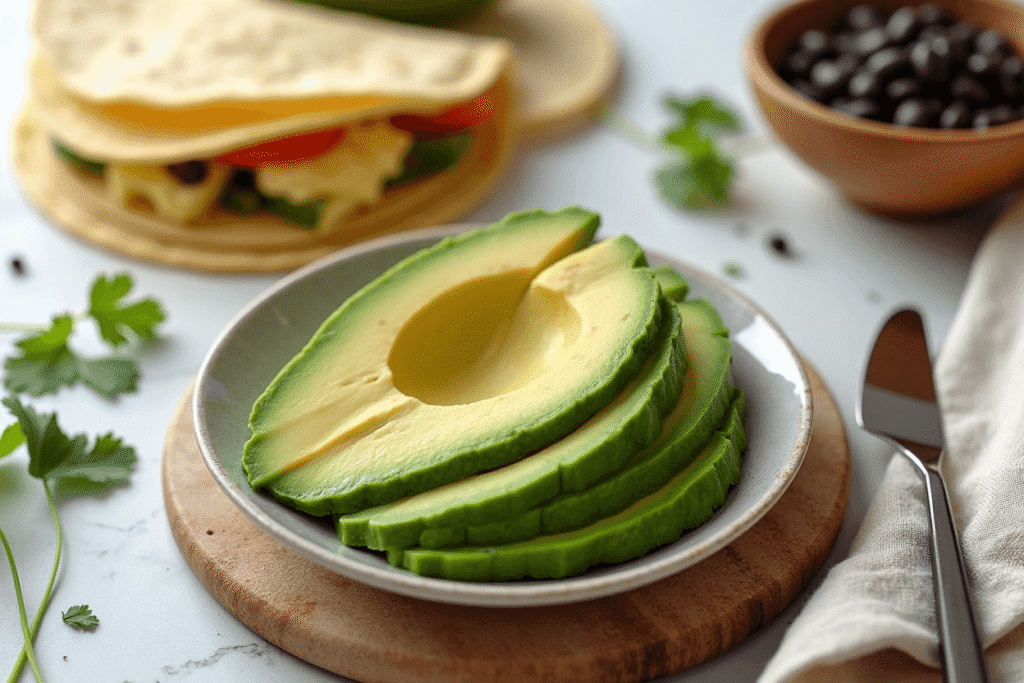 Fresh sliced avocado with taco ingredients in the background