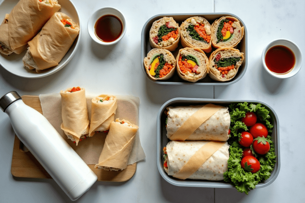 Veggie sushi burrito halves wrapped and packed in a lunchbox.