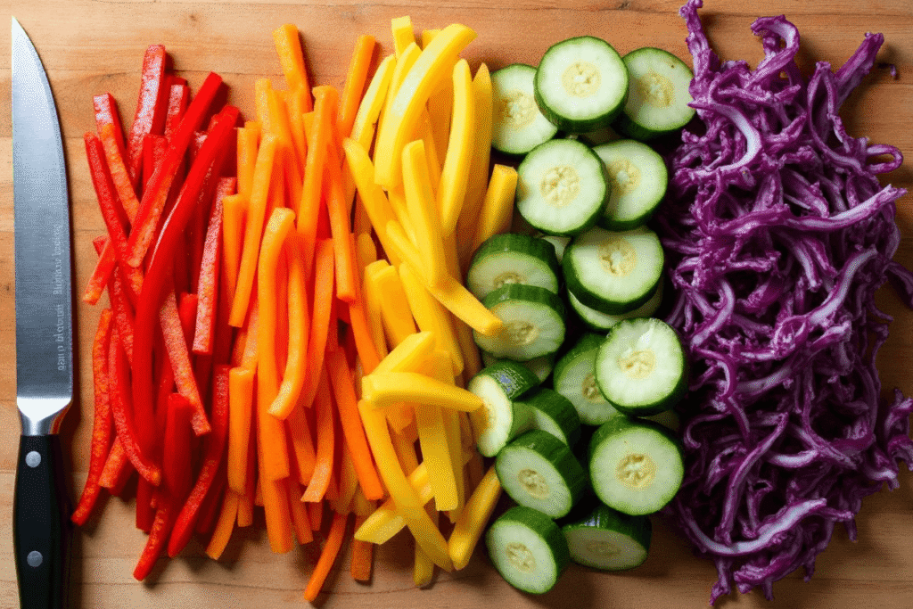 Fresh vegetables sliced into colorful strips filling.