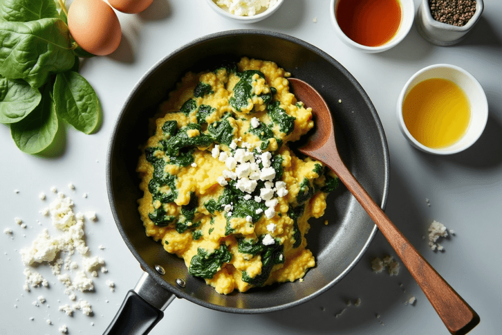 Spinach and feta egg scramble in a skillet, one of five easy keto breakfast ideas.