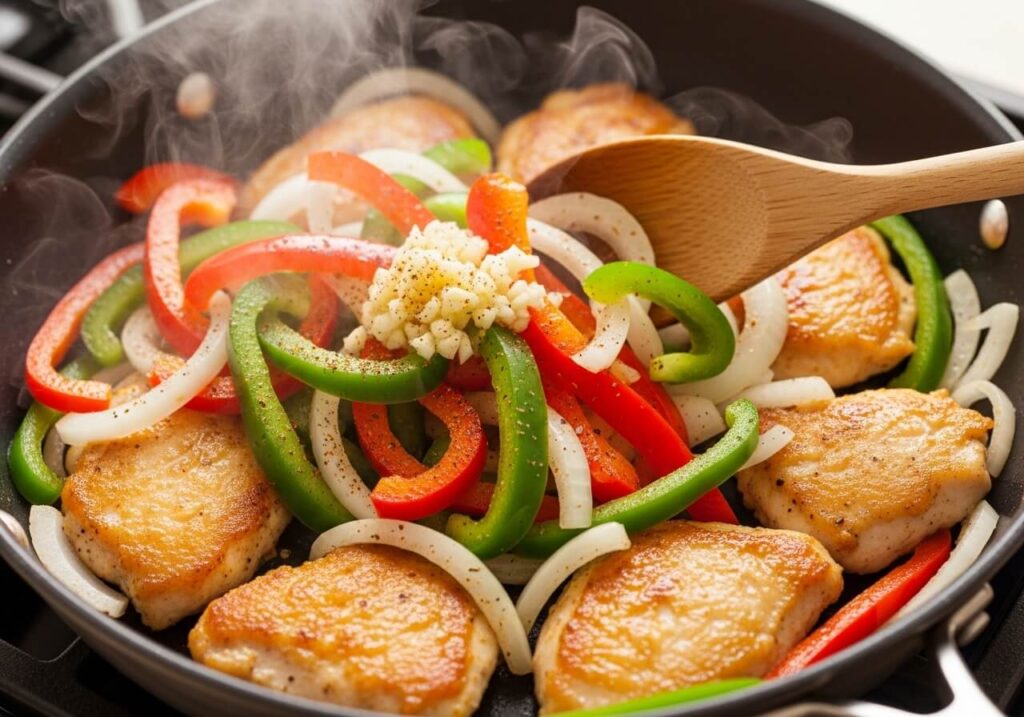 Bell peppers, onion, and garlic sautéing with chicken for creamy Cajun pasta.