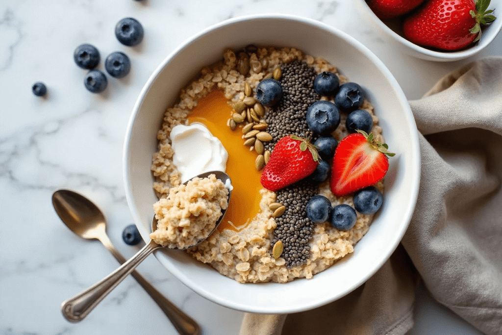 Colorful bowl of cottage cheese oats topped with banana slices, blueberries, blackberries, and raspberries.